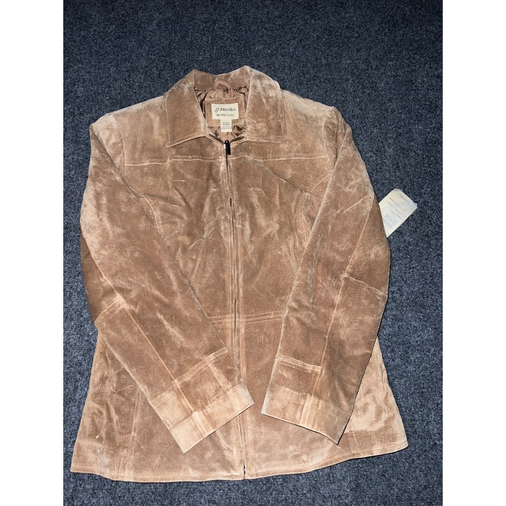 St. Johns Bay Washable Suede Jacket Medium Dark Tan Leather Full Zip Coat